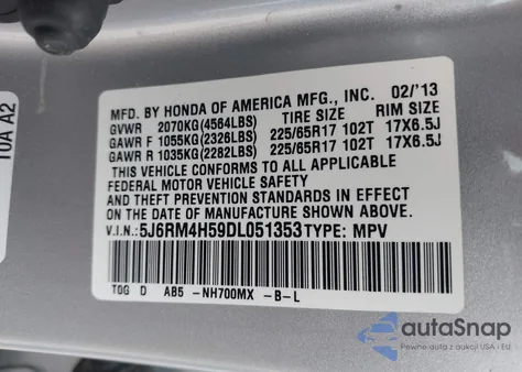 2013 Honda Cr-V Ex from USA, damaged, VIN 5J6RM4H59DL051353